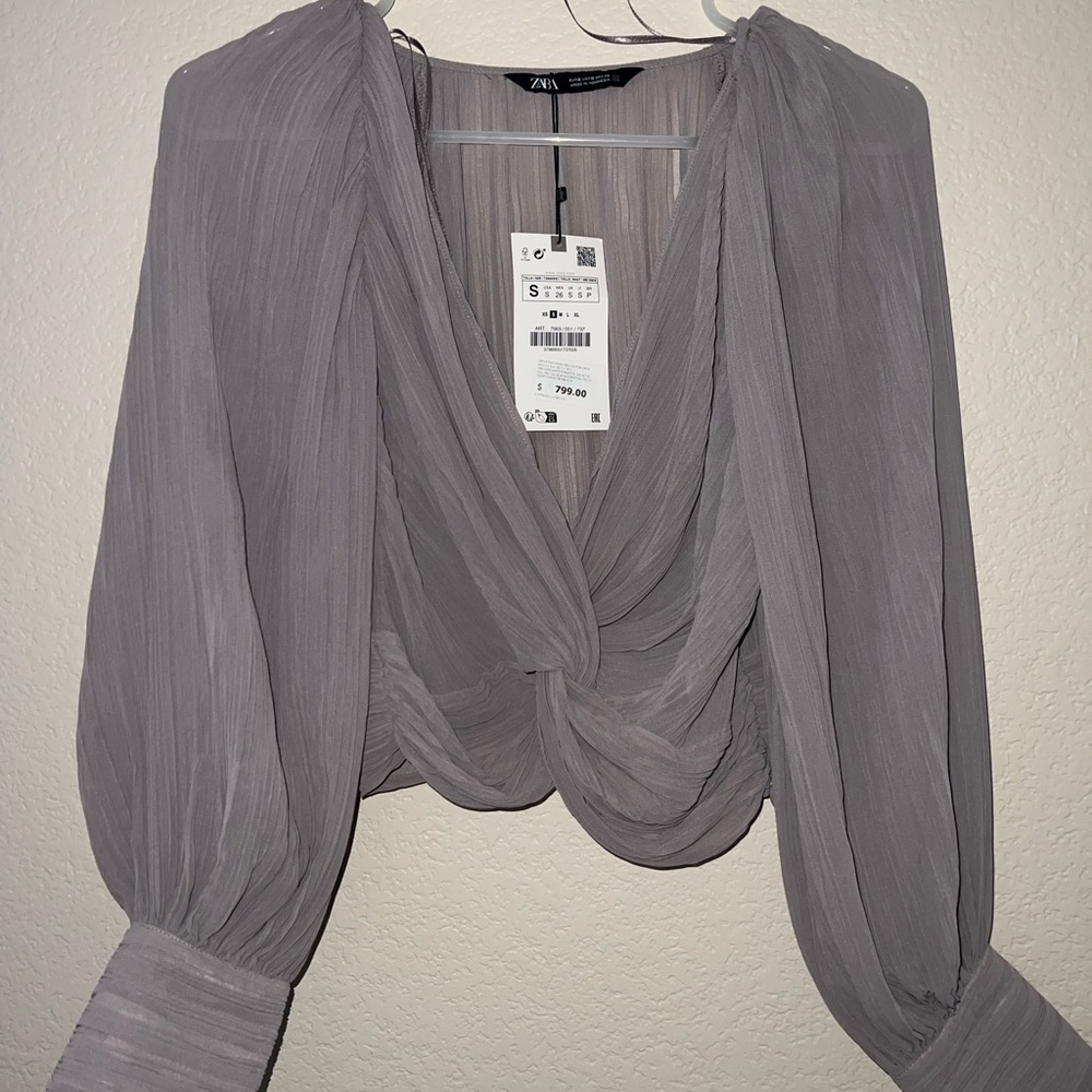 New with Tags Zara Crop Taupe Knotted Pleated Blouse Top